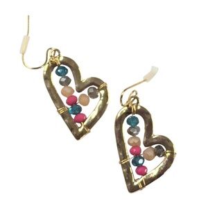 UNBRANDED GOLD Color HEART Earrings with MULTICOLORED Crystal Glass Beads